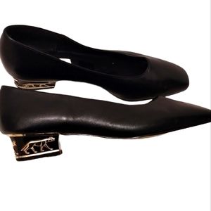 Vintage Black Leather Gold Detailed Low Heels